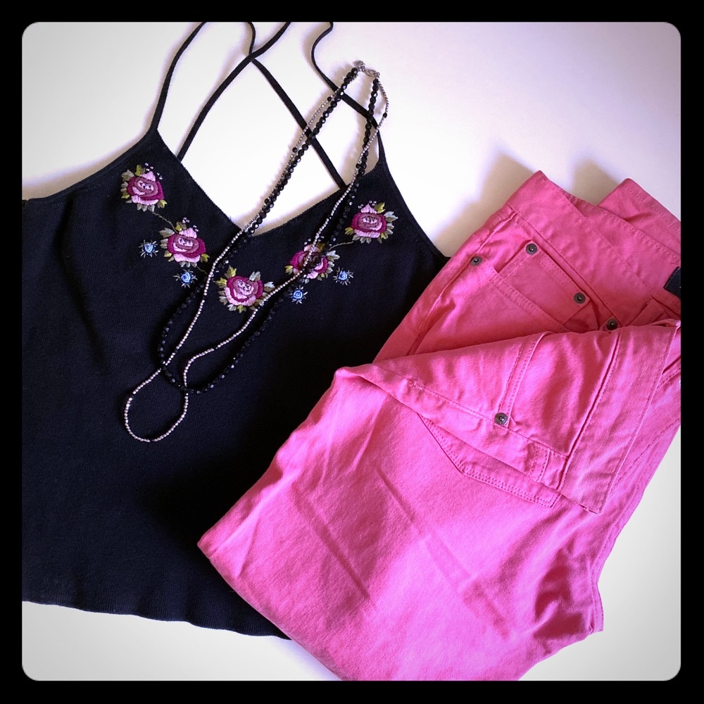 Cute spaghetti strap sweater and J Crew Jeans.